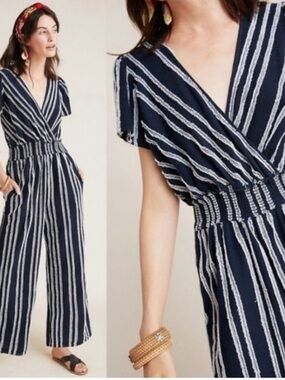 dolan Navy and White Striped Wrap Jumpsuit